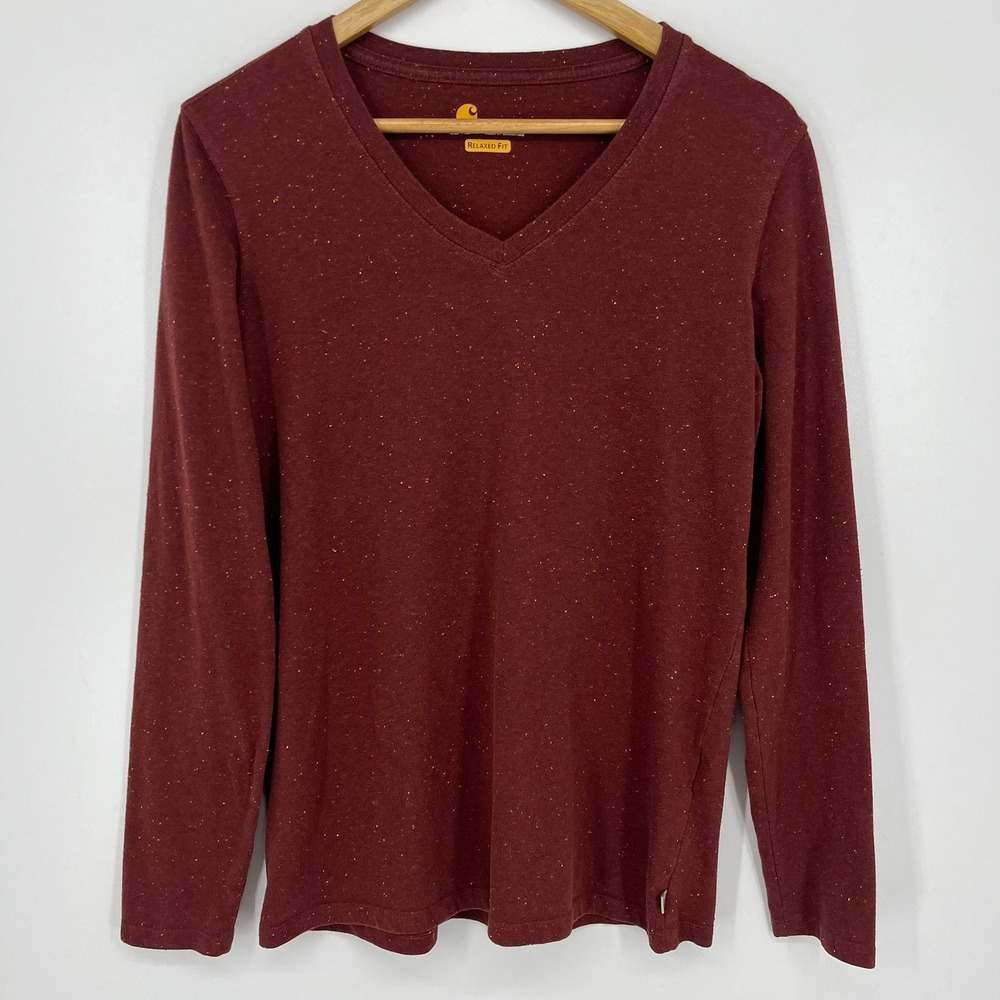 Carhartt Womens Relaxed Fit V-Neck Long Sleeve T-Shirt Burgundy Speckled